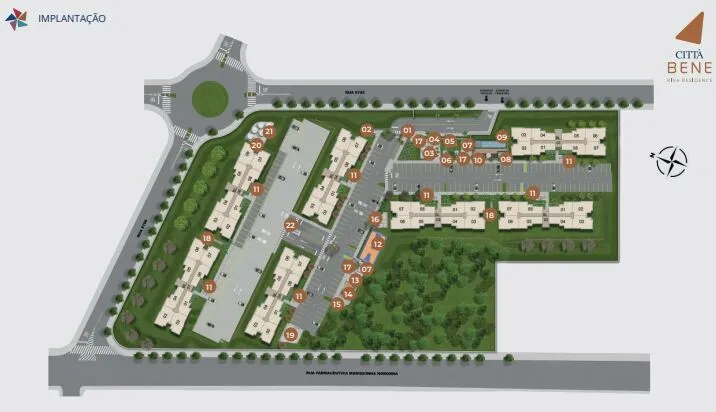 Mapa de implantação do Città Bene Riva Residence com 22 itens numerados