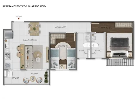Apartamento tipo meio, 2 quartos, Città Bene e região do Bairro Ouro Preto