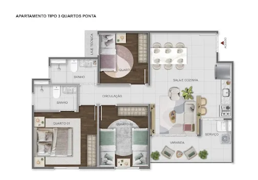 Apartamento tipo ponta, 3 quartos, Città Bene e região do Bairro Ouro Preto